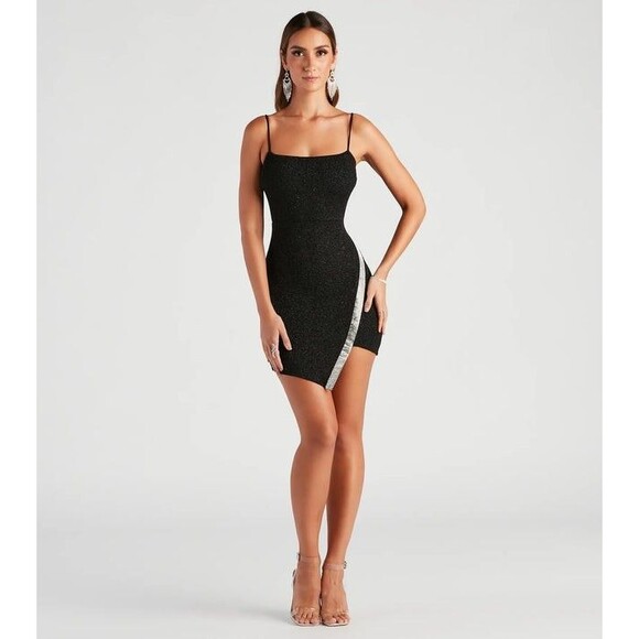Windsor Black Asymmetrical Mini Dress L Spaghetti Straps Bodycon Rhinestones - Picture 15 of 16